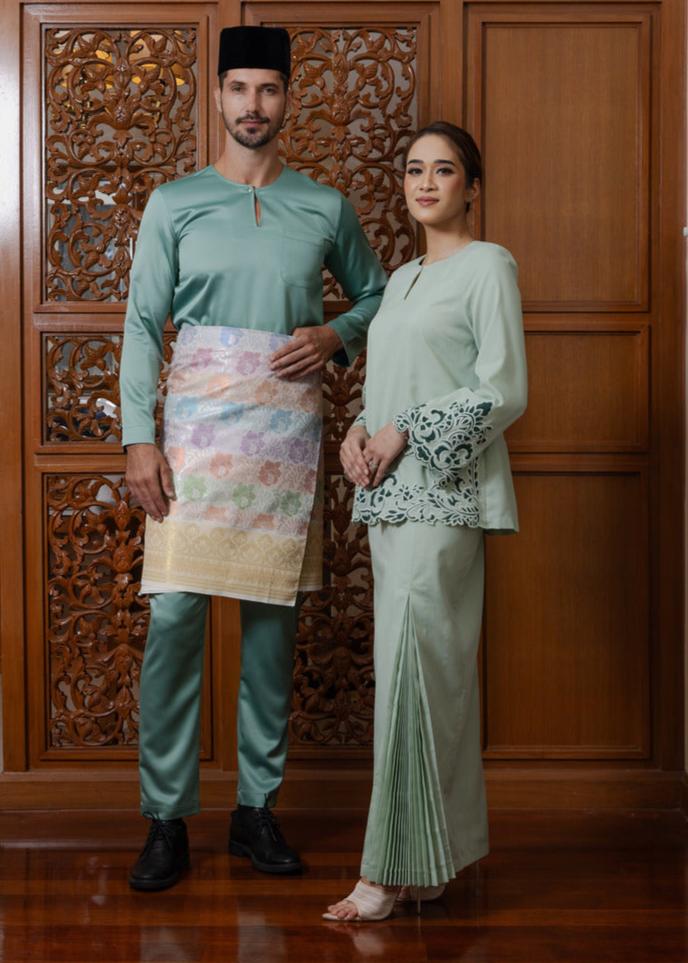 Intan Cotton Embroidery Kurung Kedah - Sage Green EMANUEL FEMME