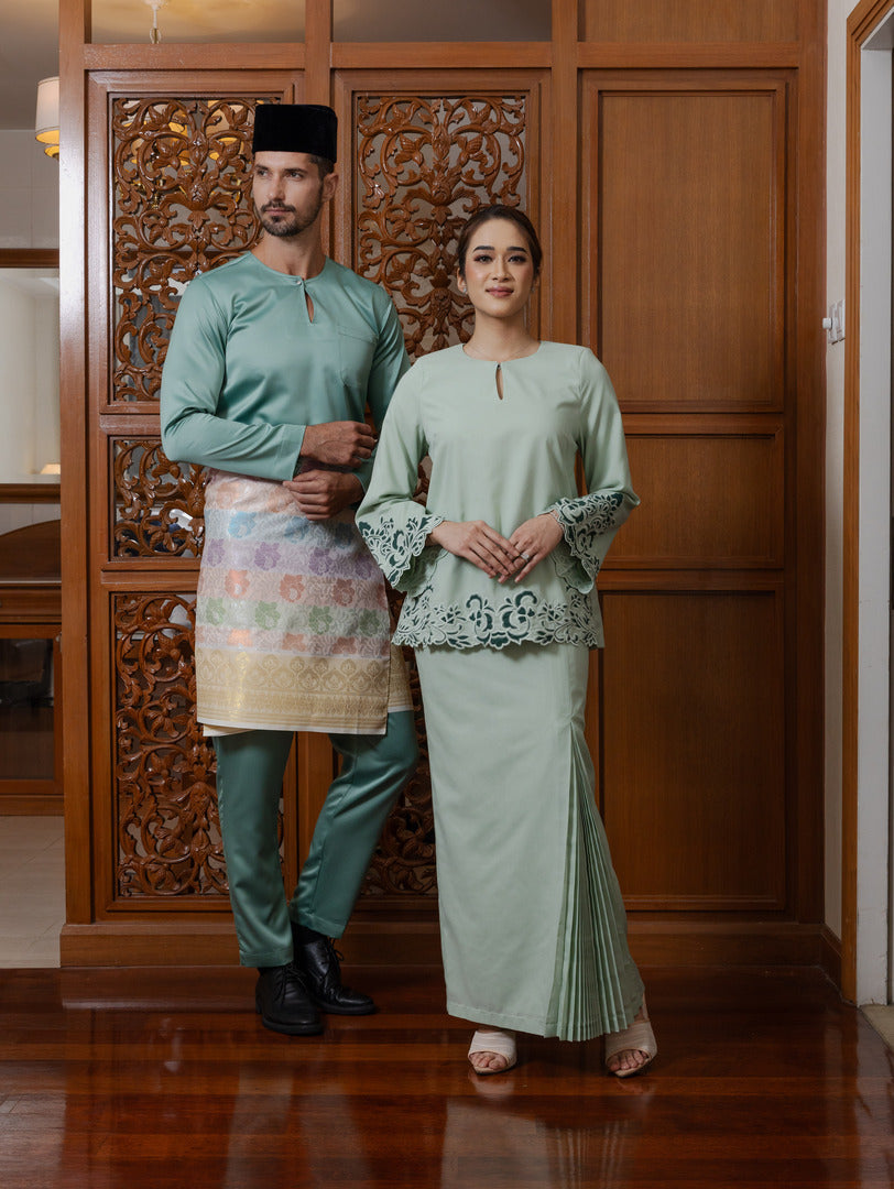 Intan Cotton Embroidery Kurung Kedah - Sage Green EMANUEL FEMME