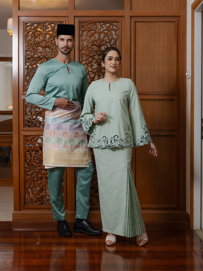 Intan Cotton Embroidery Kurung Kedah - Sage Green EMANUEL FEMME