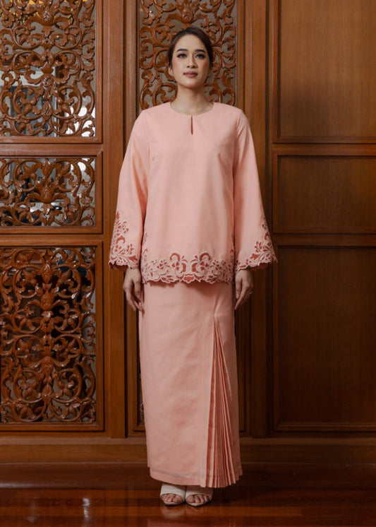 Intan Cotton Embroidery Kurung Kedah - Peach Fuzz EMANUEL FEMME