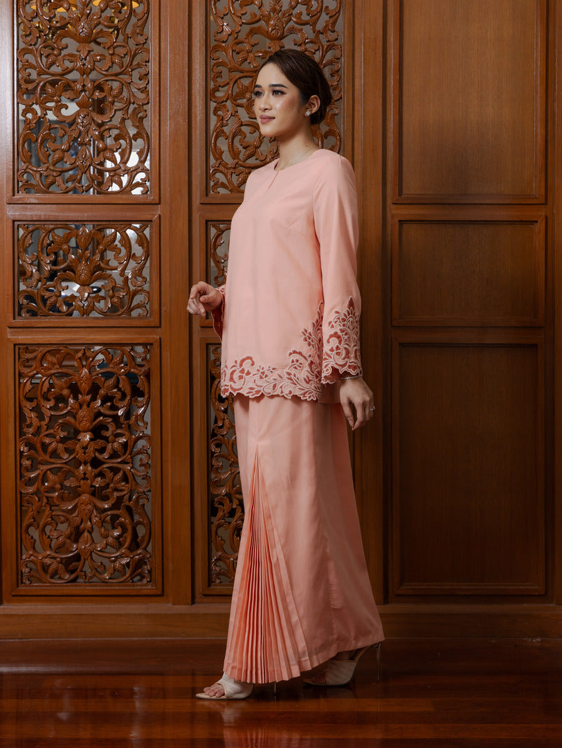 Intan Cotton Embroidery Kurung Kedah - Peach Fuzz EMANUEL FEMME