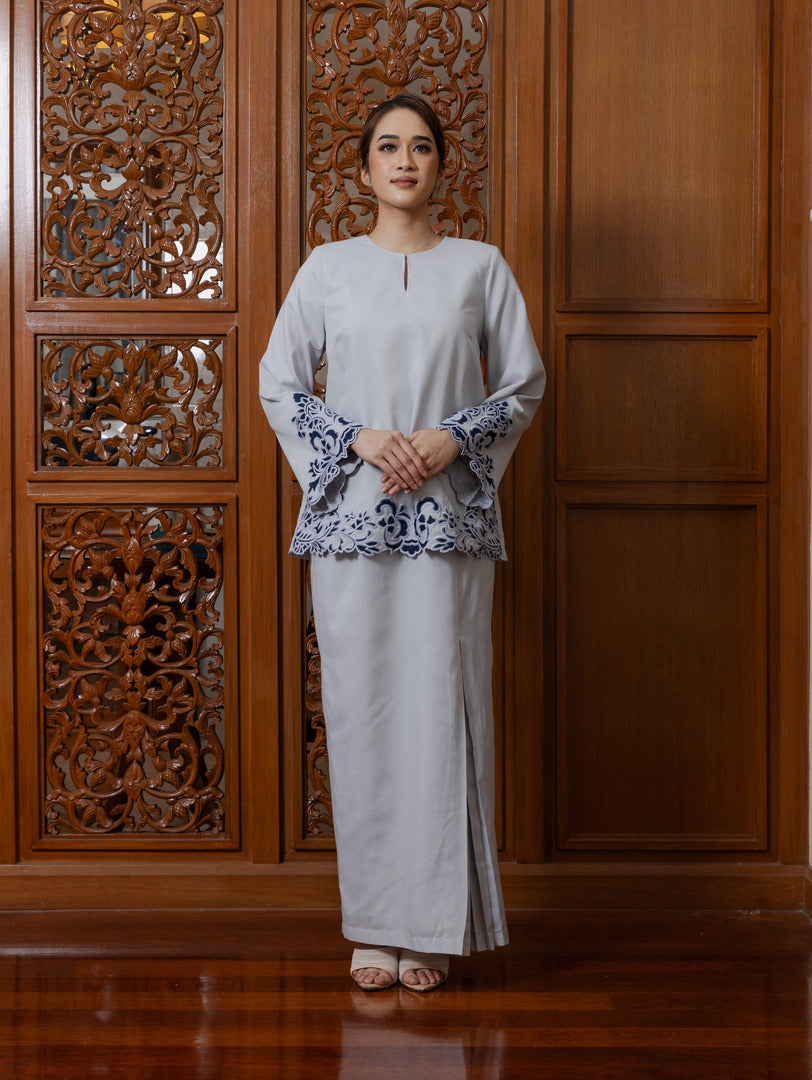 Intan Cotton Embroidery Kurung Kedah - Light Grey EMANUEL FEMME