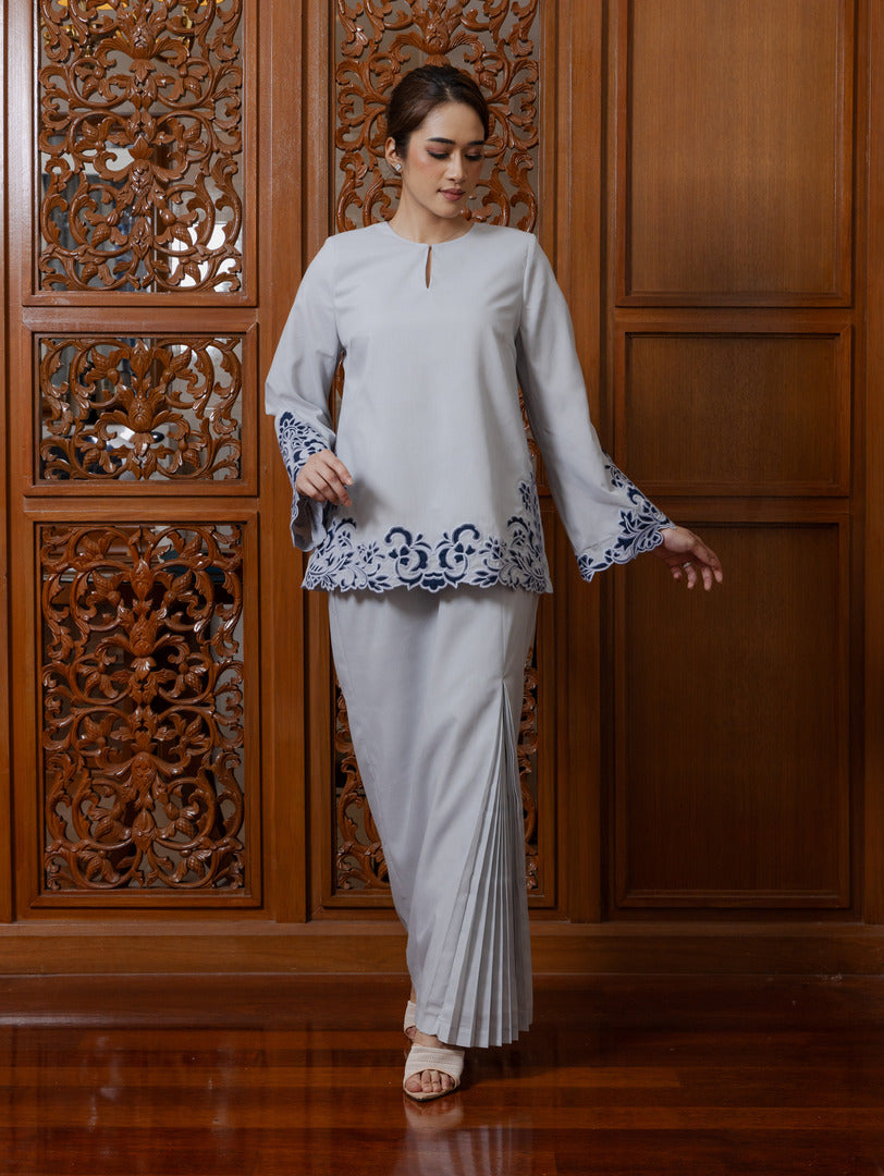 Intan Cotton Embroidery Kurung Kedah - Light Grey EMANUEL FEMME