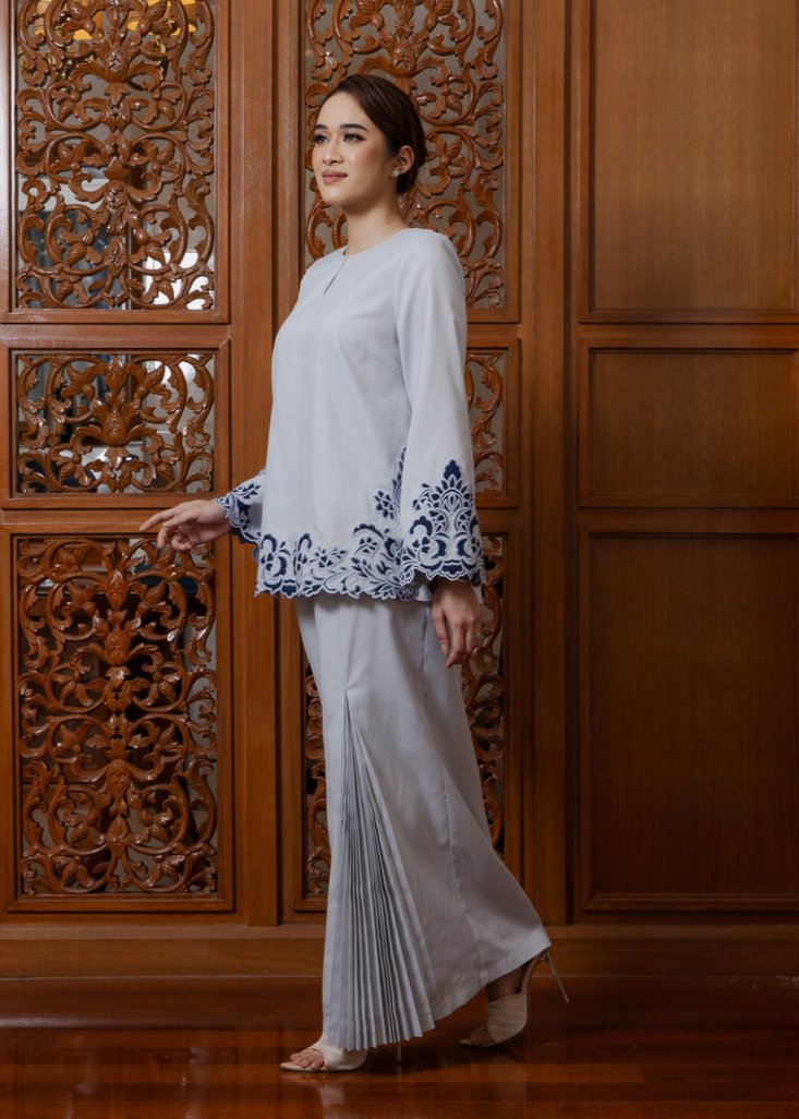 Intan Cotton Embroidery Kurung Kedah - Light Grey EMANUEL FEMME