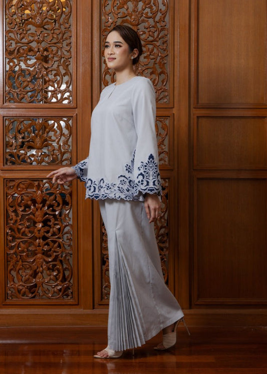 Intan Cotton Embroidery Kurung Kedah - Light Grey EMANUEL FEMME