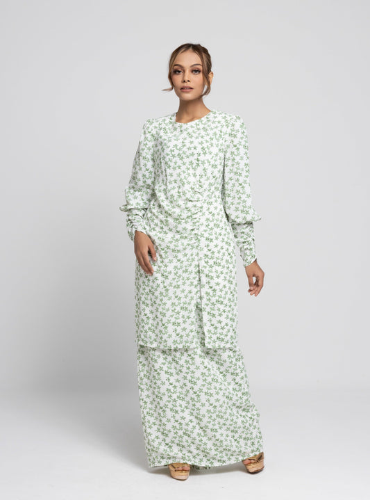 Daisy Puff Sleeves Kurung Modern - Green EMANUEL FEMME