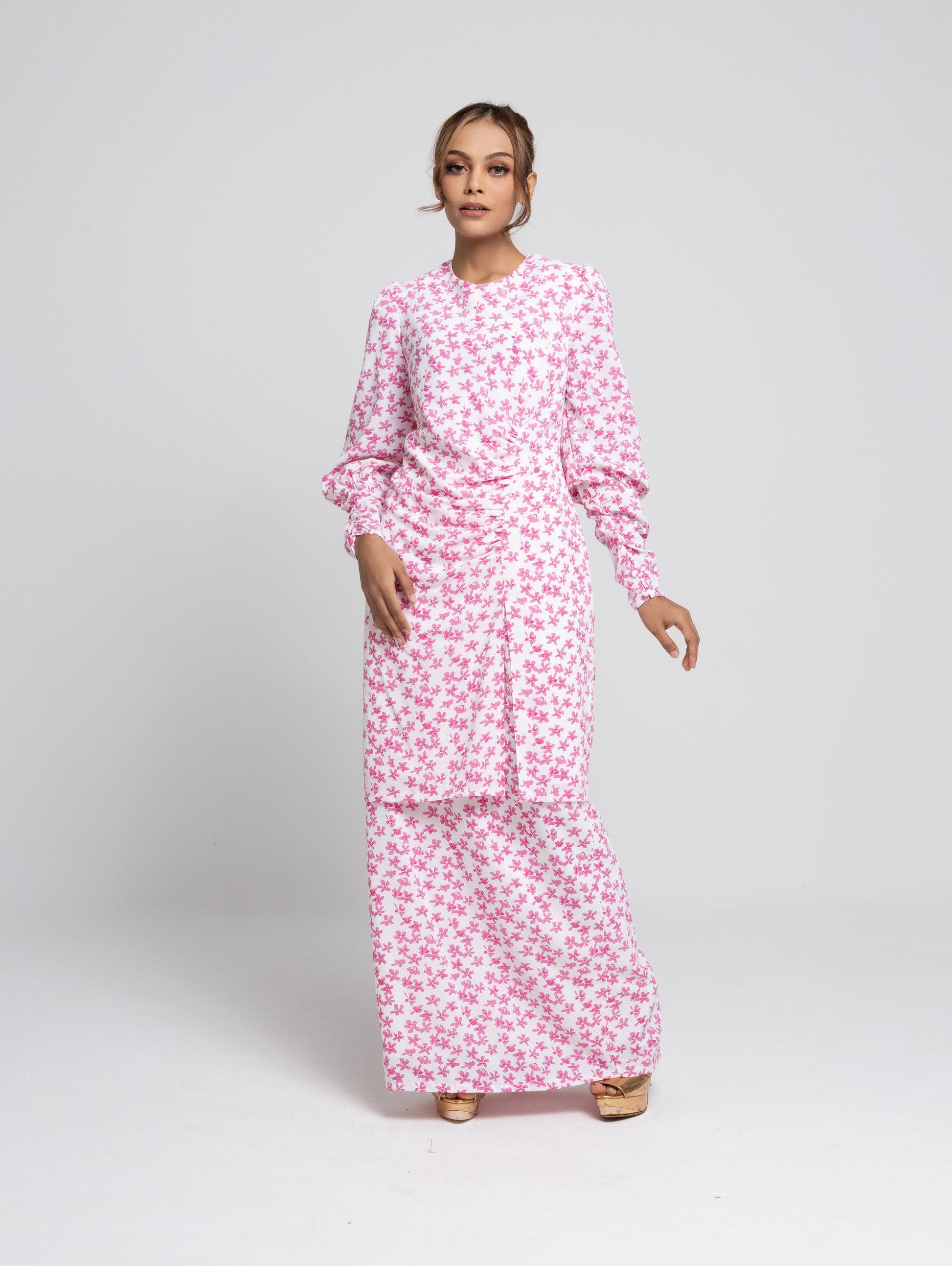 Daisy Puff Sleeves Kurung Modern - Pink EMANUEL FEMME