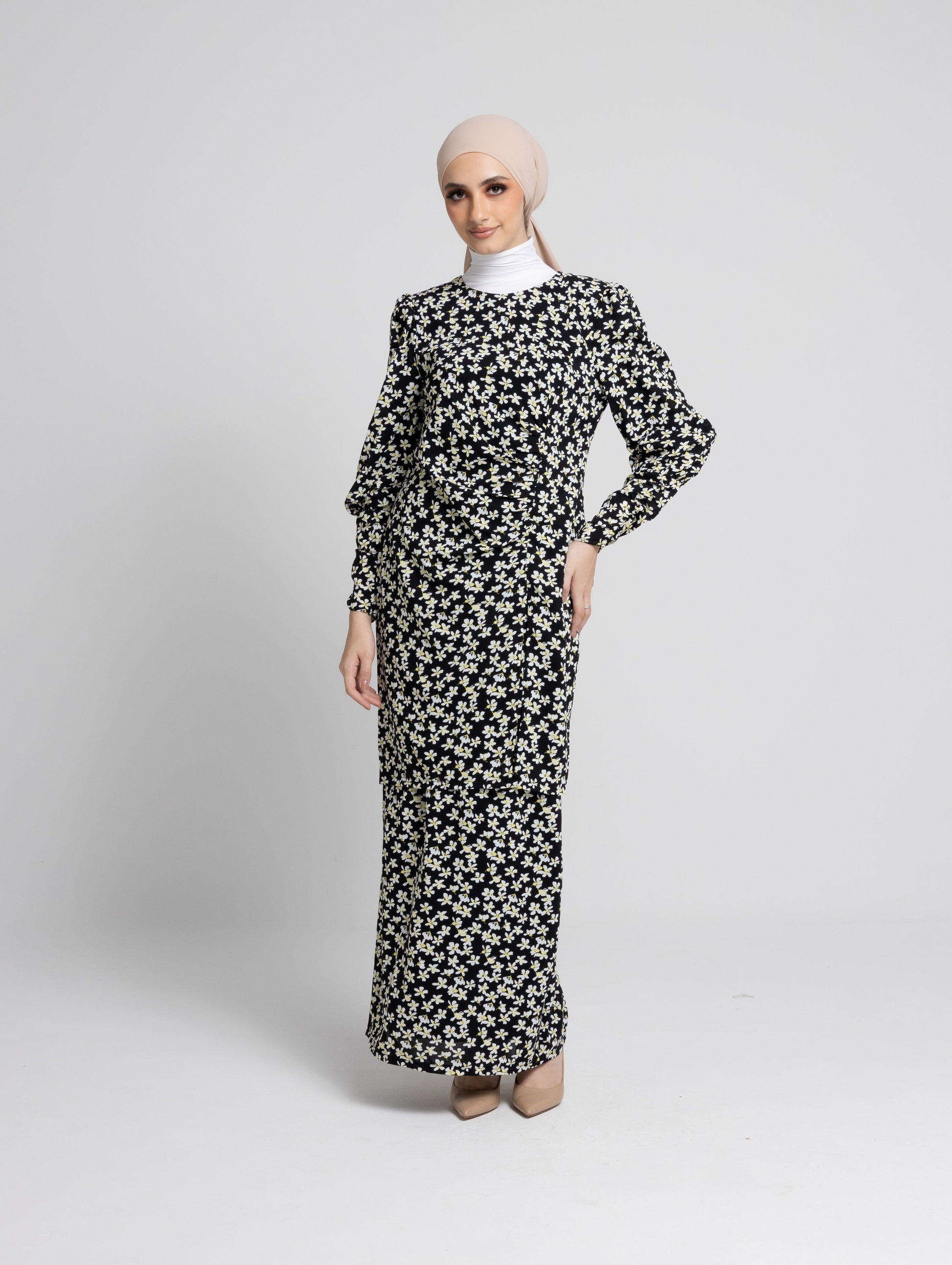 Daisy Puff Sleeves Kurung Modern - Black EMANUEL FEMME