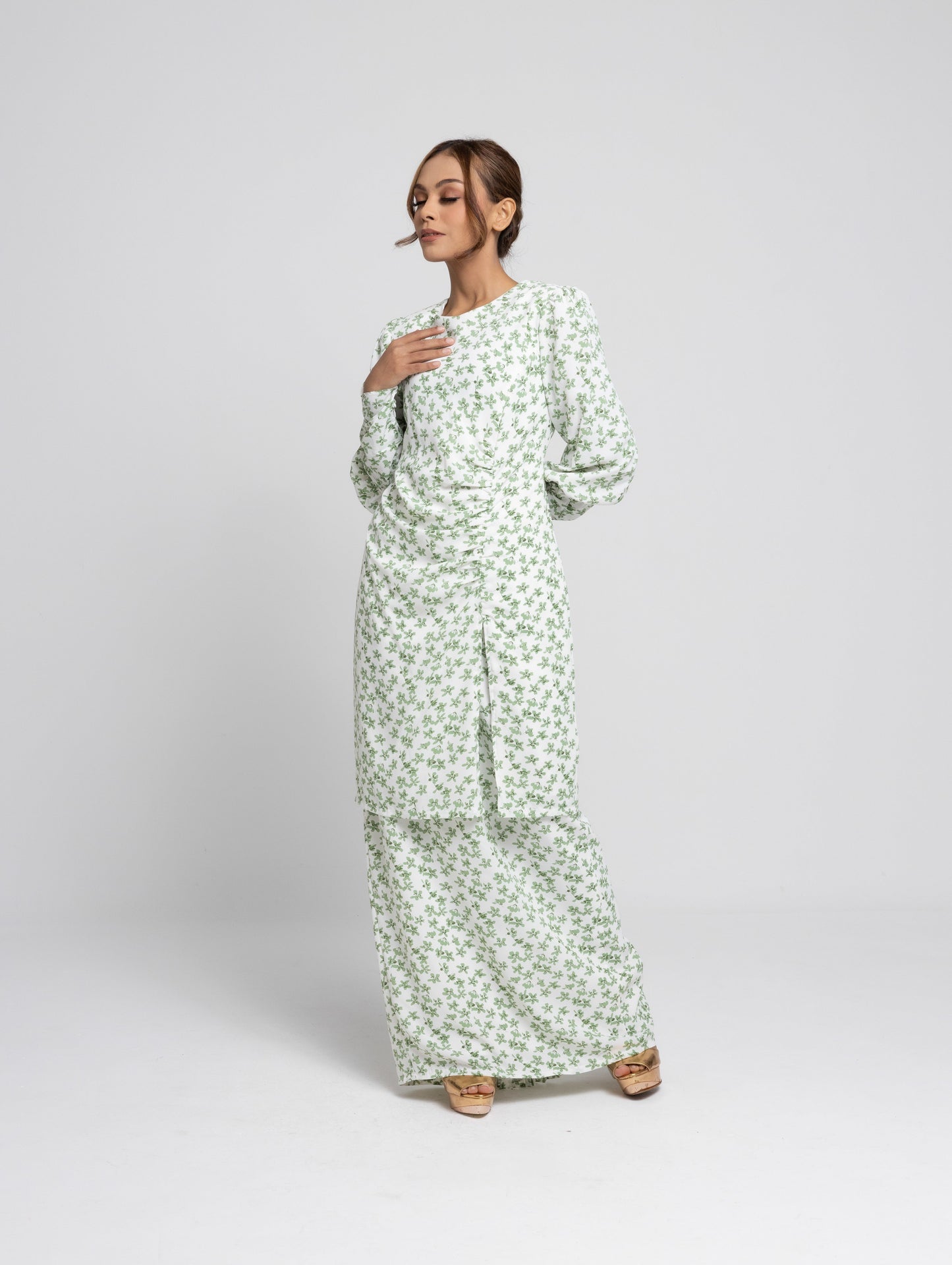 Daisy Puff Sleeves Kurung Modern - Green EMANUEL FEMME