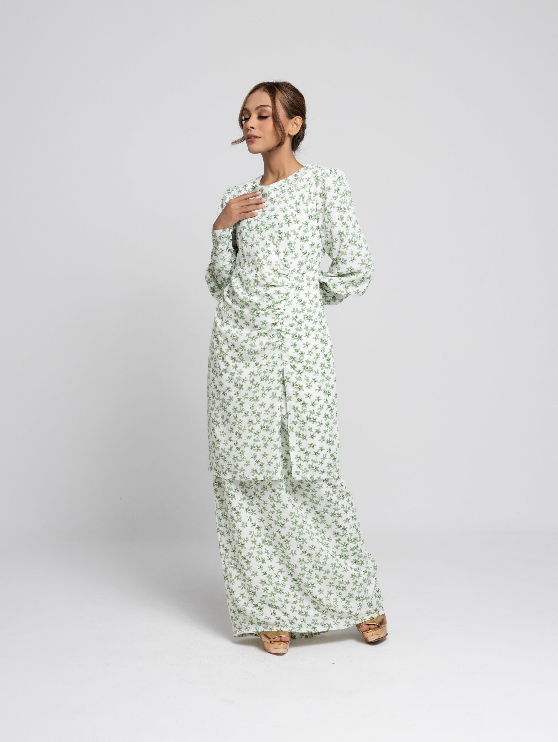 Daisy Puff Sleeves Kurung Modern - Green EMANUEL FEMME