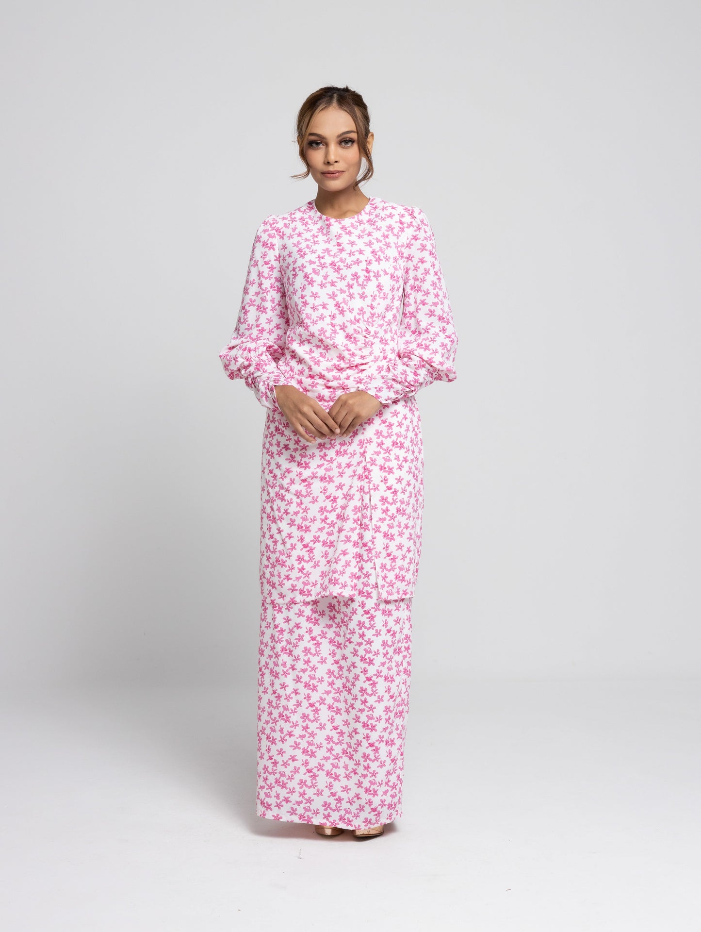 Daisy Puff Sleeves Kurung Modern - Pink EMANUEL FEMME