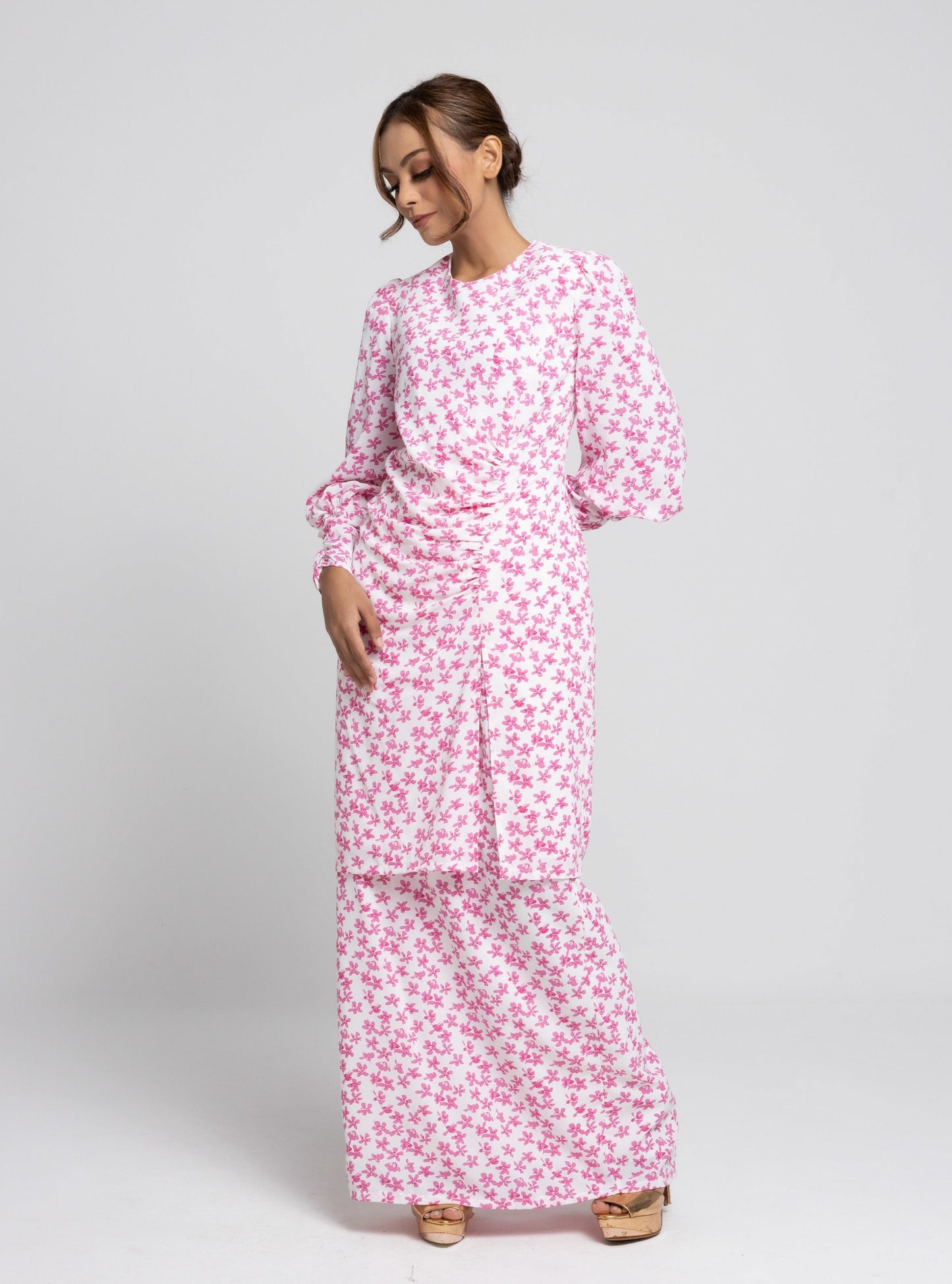 Daisy Puff Sleeves Kurung Modern - Pink EMANUEL FEMME