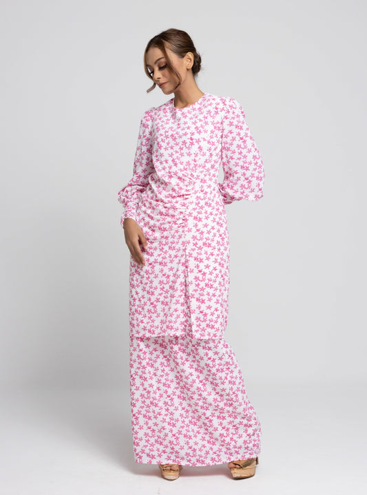 Daisy Puff Sleeves Kurung Modern - Pink EMANUEL FEMME
